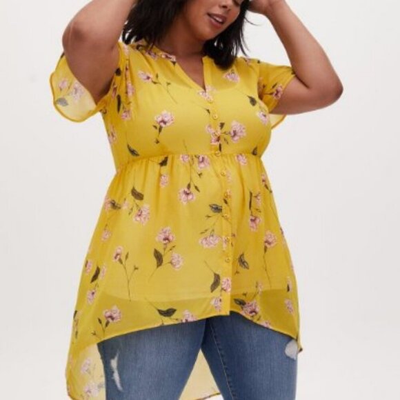 Torrid *NWOT Lexie Babydoll Chiffon  Tunic In Floral Yellow - Size 0 - Picture 1 of 16